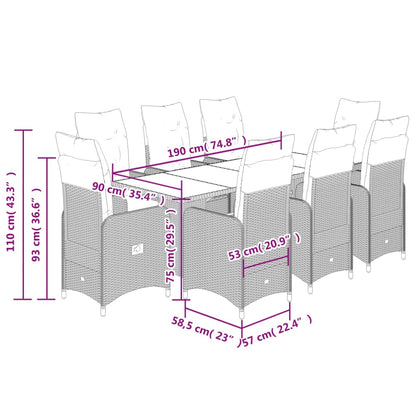 9-tlg. Garten-Bistro-Set mit Kissen Grau Poly Rattan