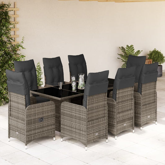 9-tlg. Garten-Bistro-Set mit Kissen Grau Poly Rattan