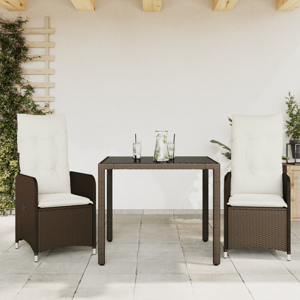 3-tlg. Garten-Bistro-Set mit Kissen Braun Poly Rattan