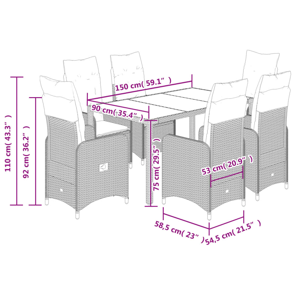 7-tlg. Garten-Bistro-Set mit Kissen Braun Poly Rattan