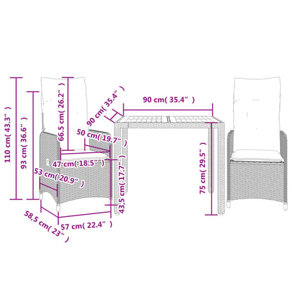 3-tlg. Garten-Bistro-Set mit Kissen Beige Poly Rattan