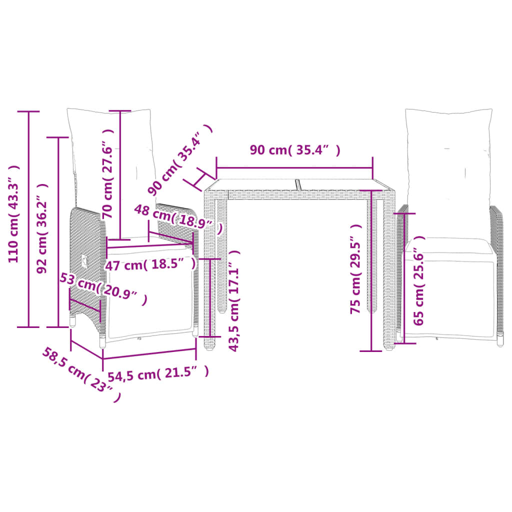 3-tlg. Garten-Bistro-Set mit Kissen Schwarz Poly Rattan