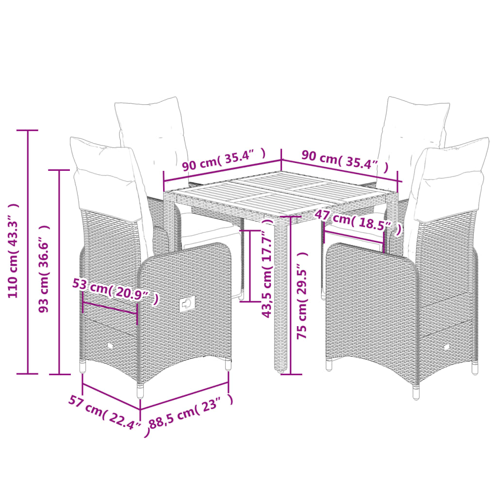 5-tlg. Garten-Bistro-Set mit Kissen Schwarz Poly Rattan