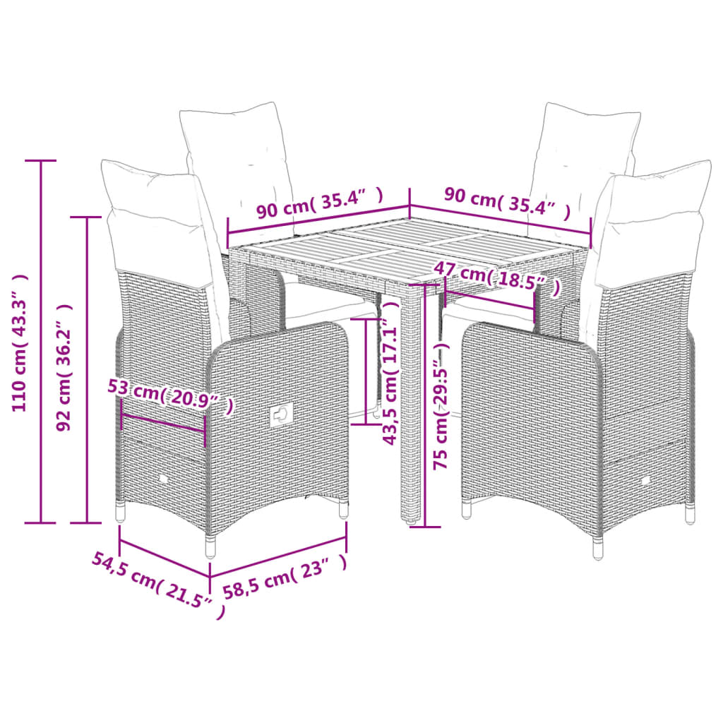 5-tlg. Garten-Bistro-Set mit Kissen Grau Poly Rattan