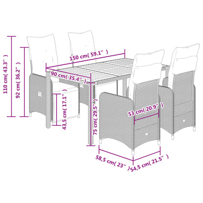 5-tlg. Garten-Bistro-Set mit Kissen Grau Poly Rattan