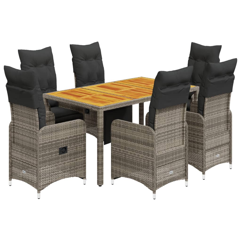 7-tlg. Garten-Bistro-Set mit Kissen Grau Poly Rattan