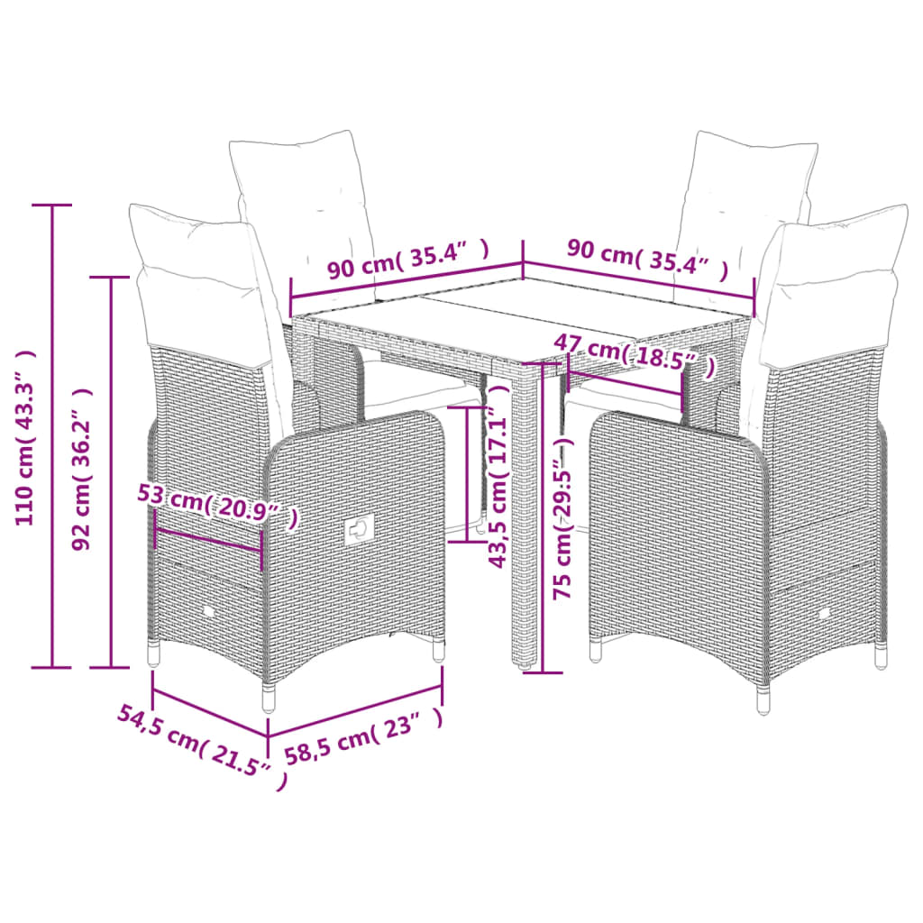 5-tlg. Garten-Bistro-Set mit Kissen Grau Poly Rattan