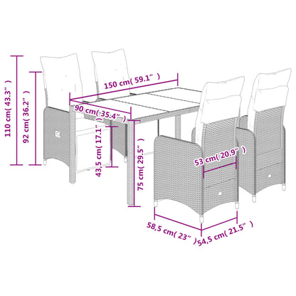 5-tlg. Garten-Bistro-Set mit Kissen Grau Poly Rattan