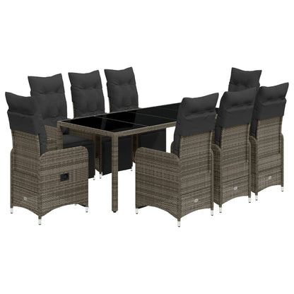 9-tlg. Garten-Bistro-Set mit Kissen Grau Poly Rattan