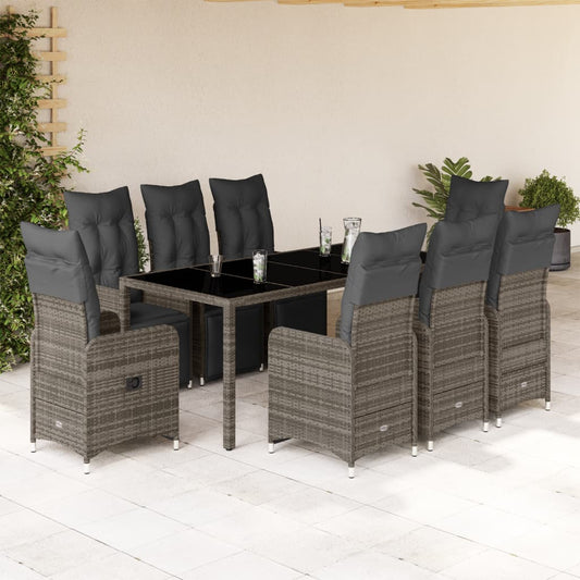 9-tlg. Garten-Bistro-Set mit Kissen Grau Poly Rattan