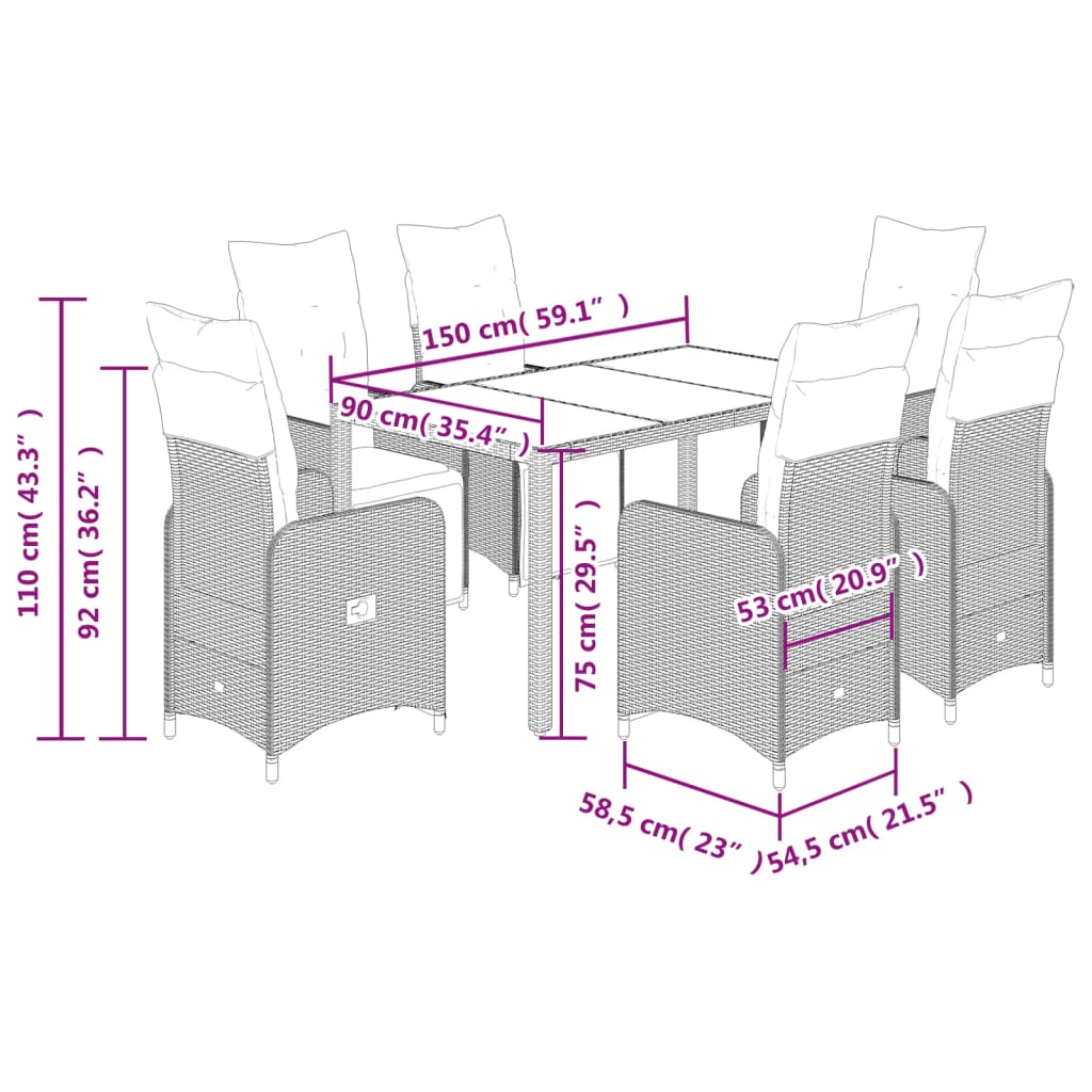 7-tlg. Garten-Bistro-Set mit Kissen Braun Poly Rattan