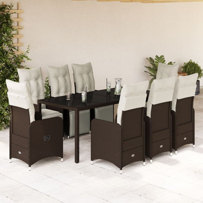 9-tlg. Garten-Bistro-Set mit Kissen Braun Poly Rattan