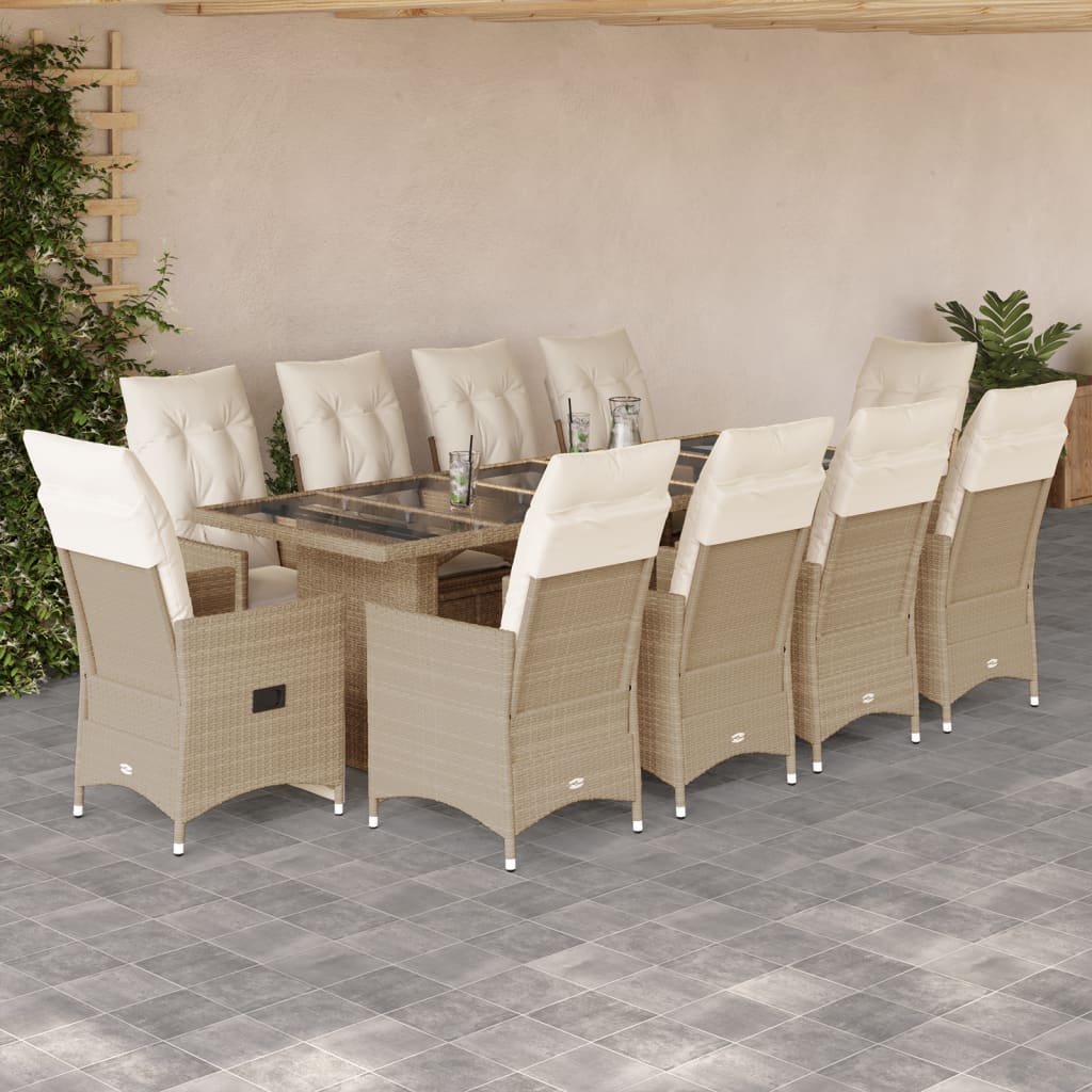 11-tlg. Garten-Bistro-Set mit Kissen Beige Poly Rattan