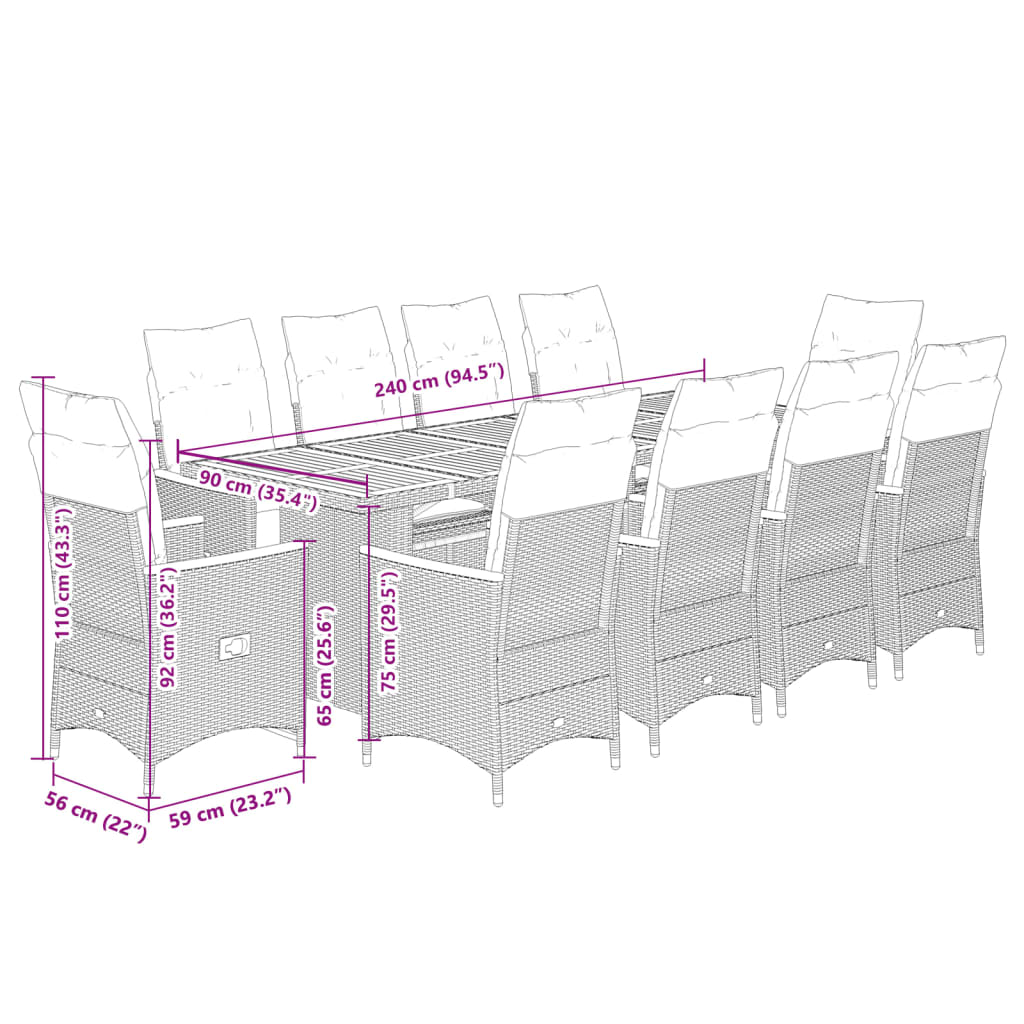 11-tlg. Garten-Bistro-Set mit Kissen Schwarz Poly Rattan