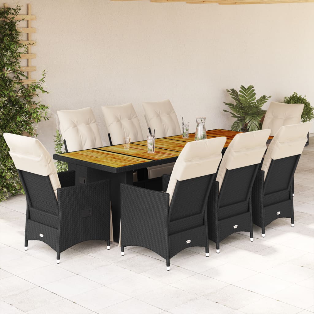 9-tlg. Garten-Bistro-Set mit Kissen Schwarz Poly Rattan