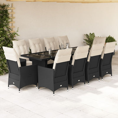 11-tlg. Garten-Bistro-Set mit Kissen Schwarz Poly Rattan