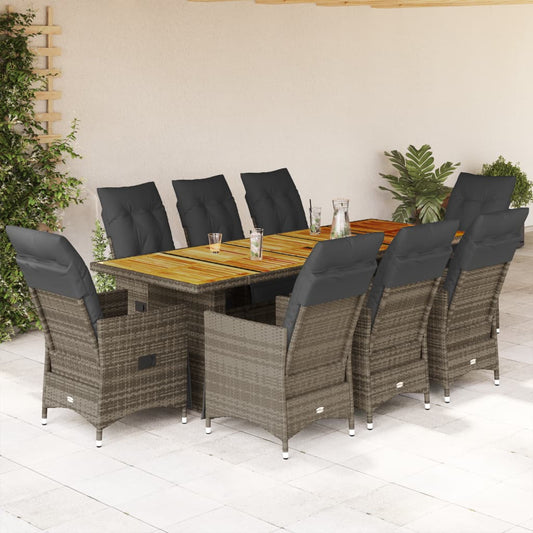 9-tlg. Garten-Bistro-Set mit Kissen Grau Poly Rattan