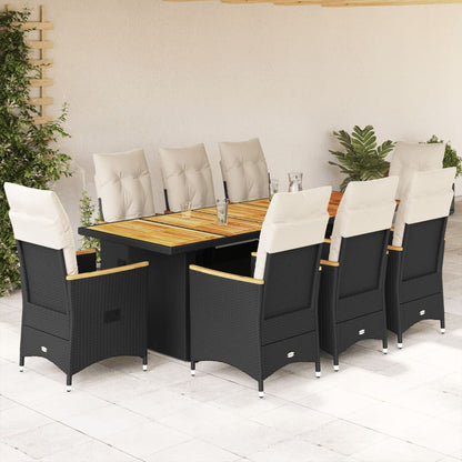 9-tlg. Garten-Bistro-Set mit Kissen Schwarz Poly Rattan