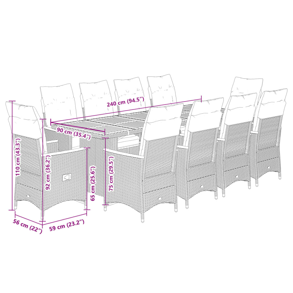 11-tlg. Garten-Bistro-Set mit Kissen Schwarz Poly Rattan