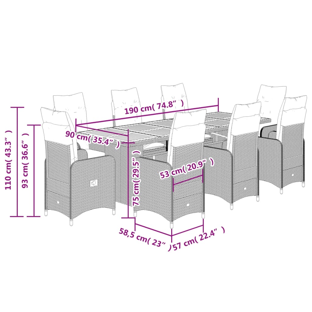 9-tlg. Garten-Bistro-Set mit Kissen Schwarz Poly Rattan