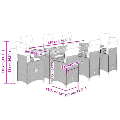 9-tlg. Garten-Bistro-Set mit Kissen Grau Poly Rattan