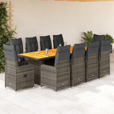 11-tlg. Garten-Bistro-Set mit Kissen Grau Poly Rattan