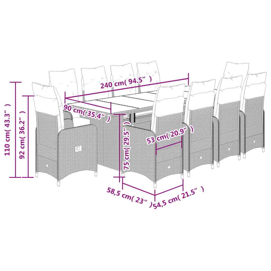 11-tlg. Garten-Bistro-Set mit Kissen Grau Poly Rattan