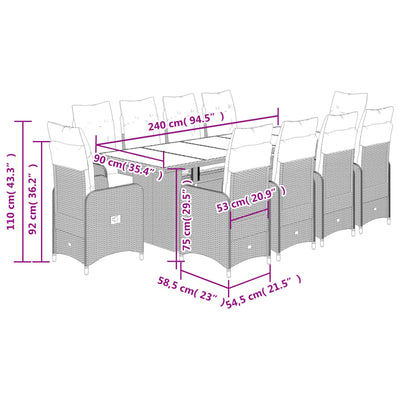 11-tlg. Garten-Bistro-Set mit Kissen Grau Poly Rattan