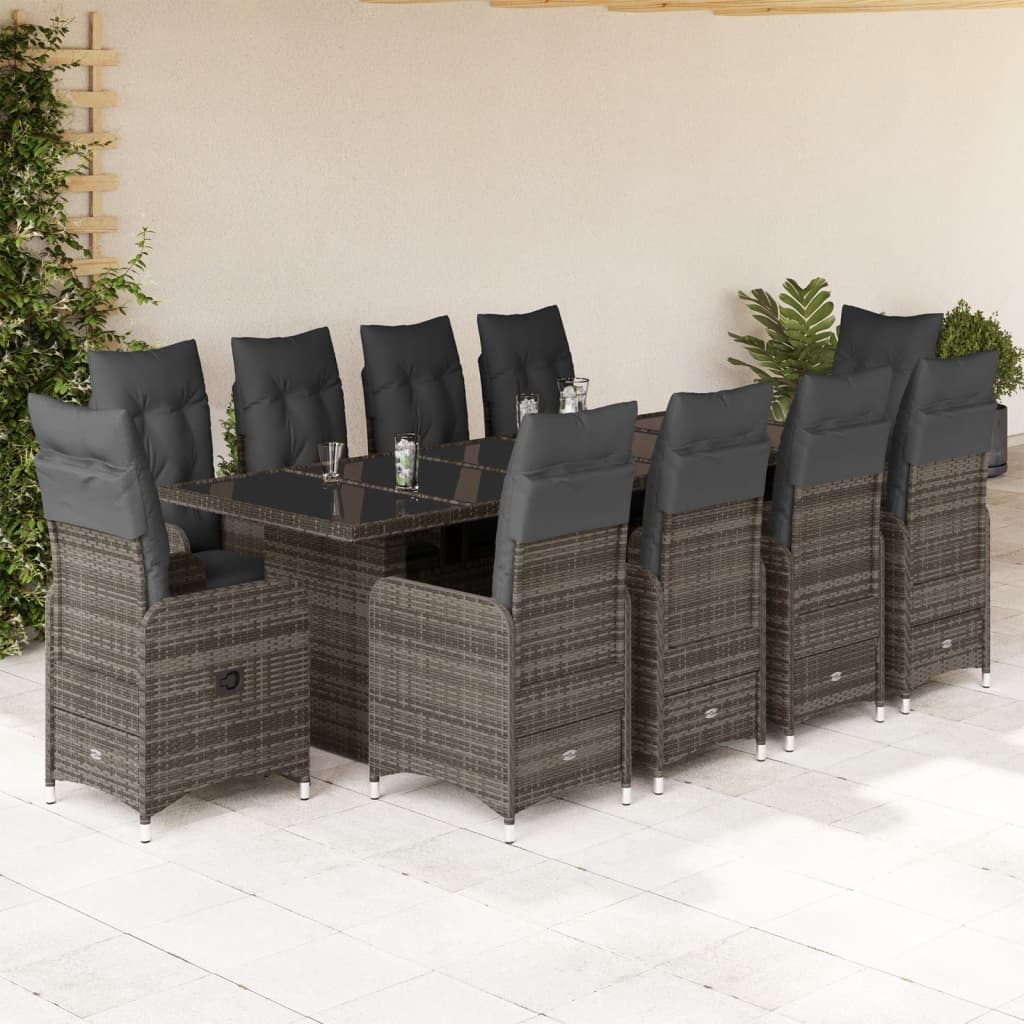 11-tlg. Garten-Bistro-Set mit Kissen Grau Poly Rattan