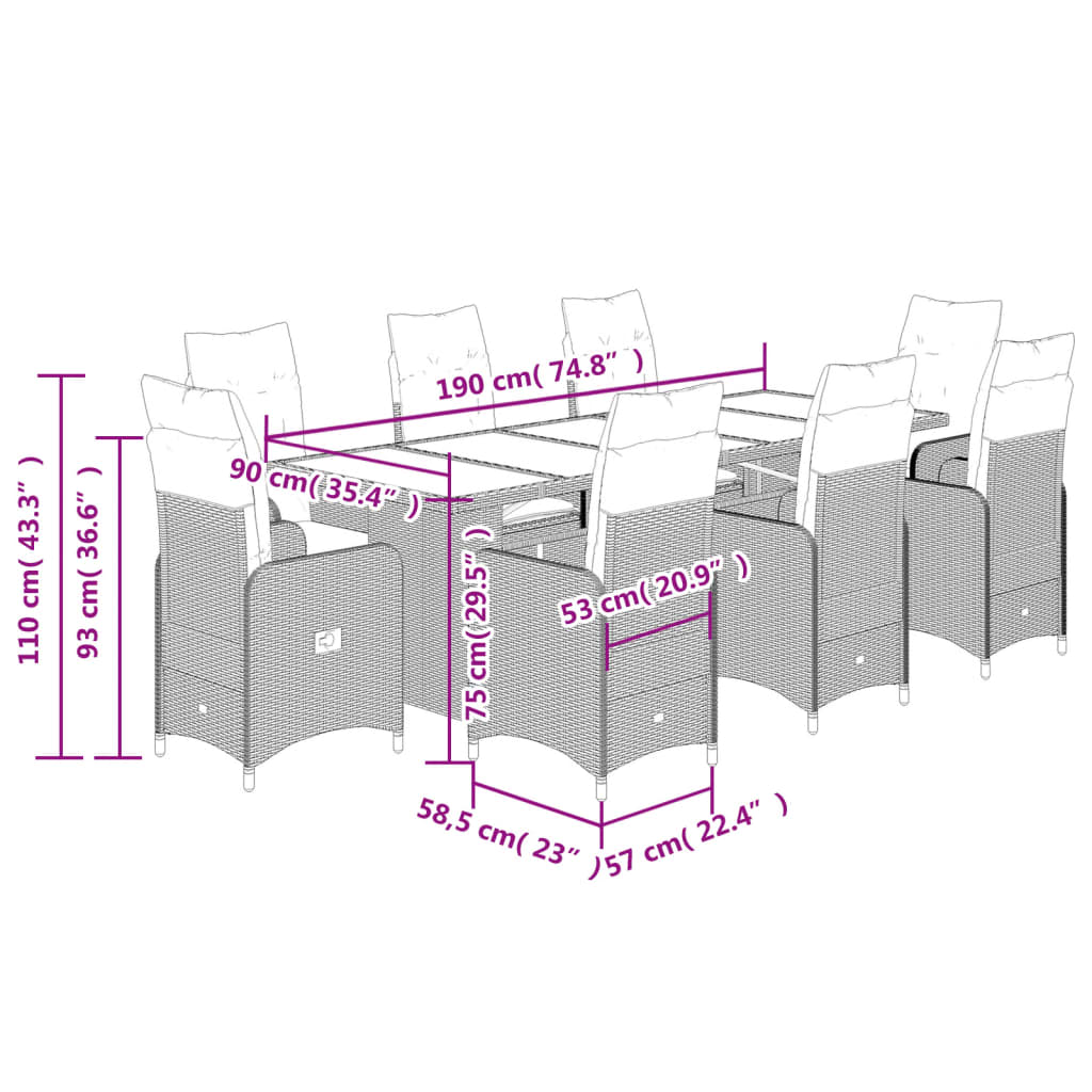 9-tlg. Garten-Bistro-Set mit Kissen Braun Poly Rattan