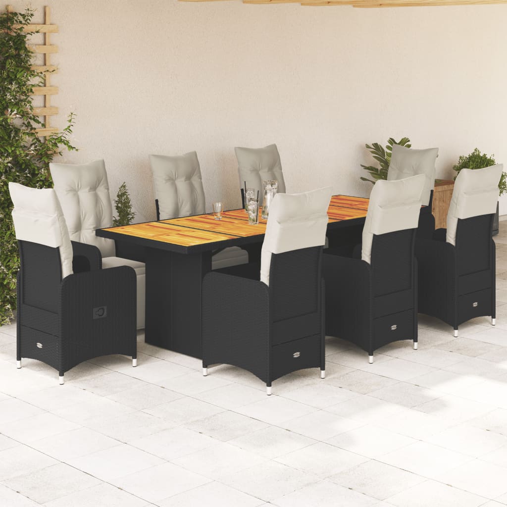 9-tlg. Garten-Bistro-Set mit Kissen Schwarz Poly Rattan