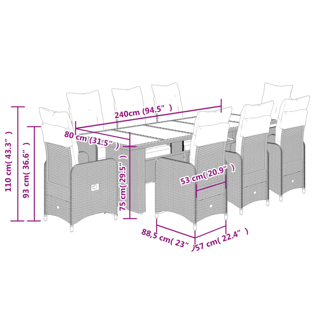 9-tlg. Garten-Bistro-Set mit Kissen Schwarz Poly Rattan