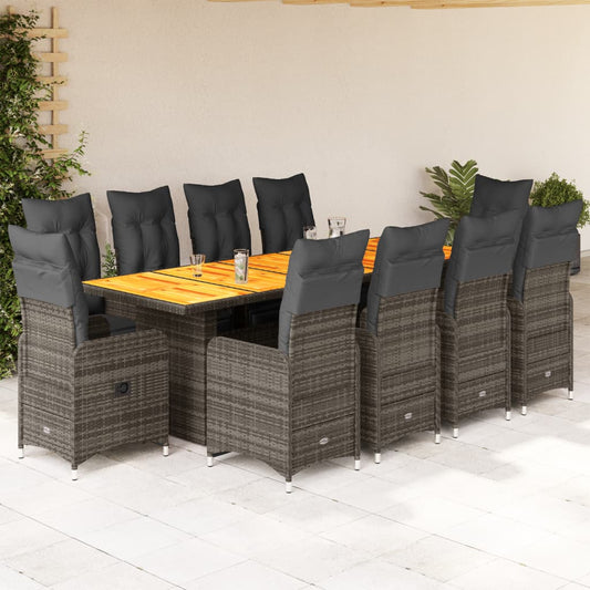 11-tlg. Garten-Bistro-Set mit Kissen Grau Poly Rattan