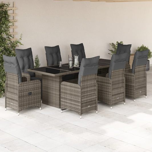 9-tlg. Garten-Bistro-Set mit Kissen Grau Poly Rattan