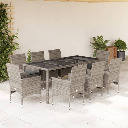 9-tlg. Garten-Essgruppe mit Kissen Grau Poly Rattan und Glas