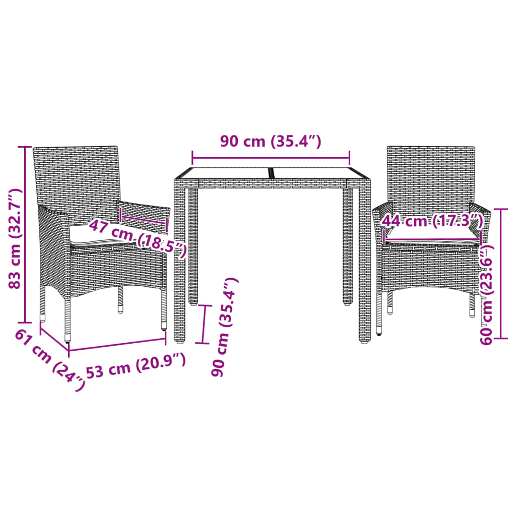 3-tlg. Garten-Essgruppe mit Kissen Hellgrau Poly Rattan Glas