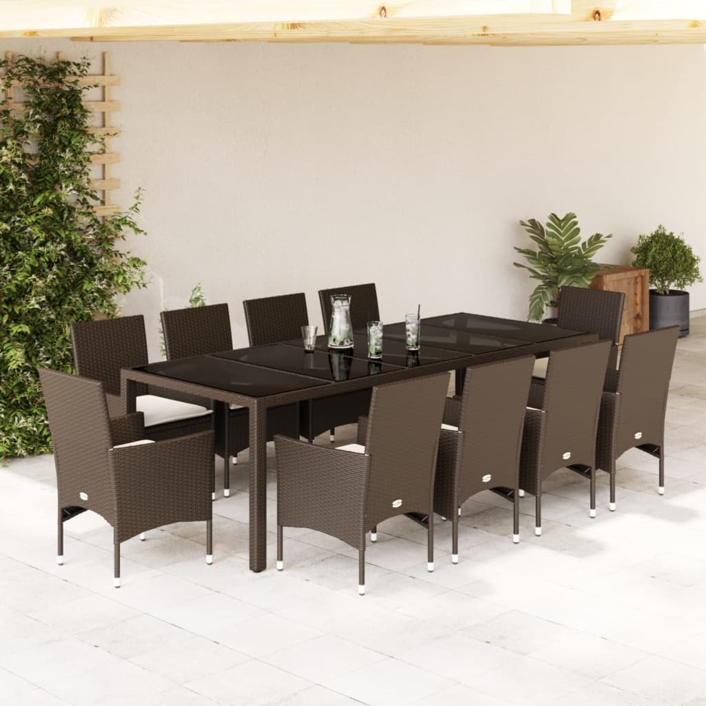 11-tlg. Garten-Essgruppe mit Kissen Braun Poly Rattan Glas