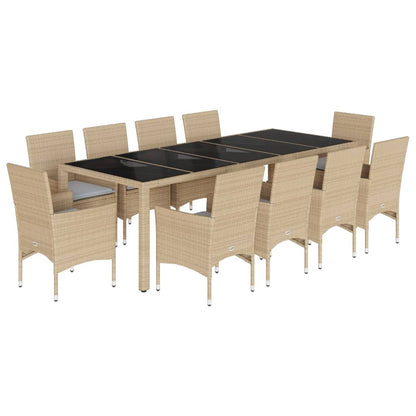 11-tlg. Garten-Essgruppe mit Kissen Beige Poly Rattan und Glas