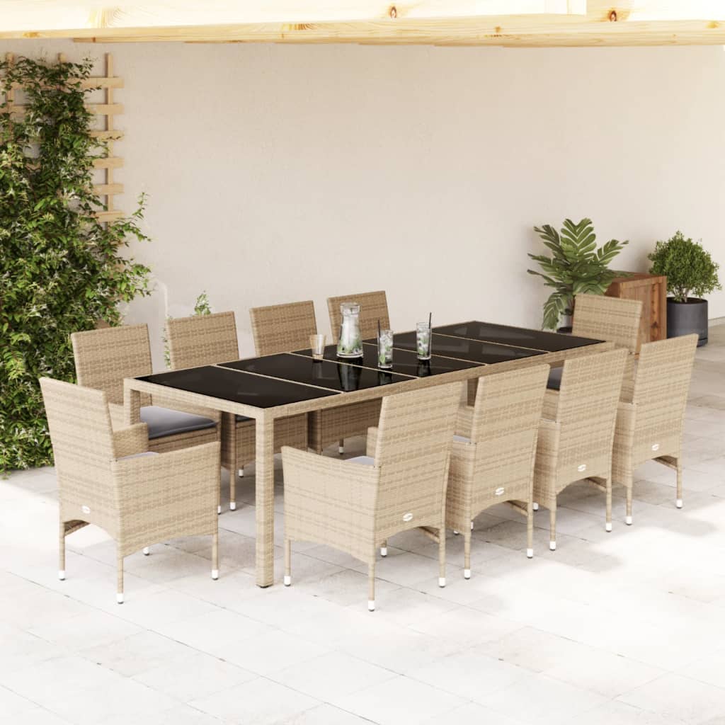 11-tlg. Garten-Essgruppe mit Kissen Beige Poly Rattan und Glas