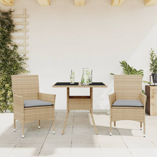 3-tlg. Garten-Essgruppe mit Kissen Beige Poly Rattan und Glas