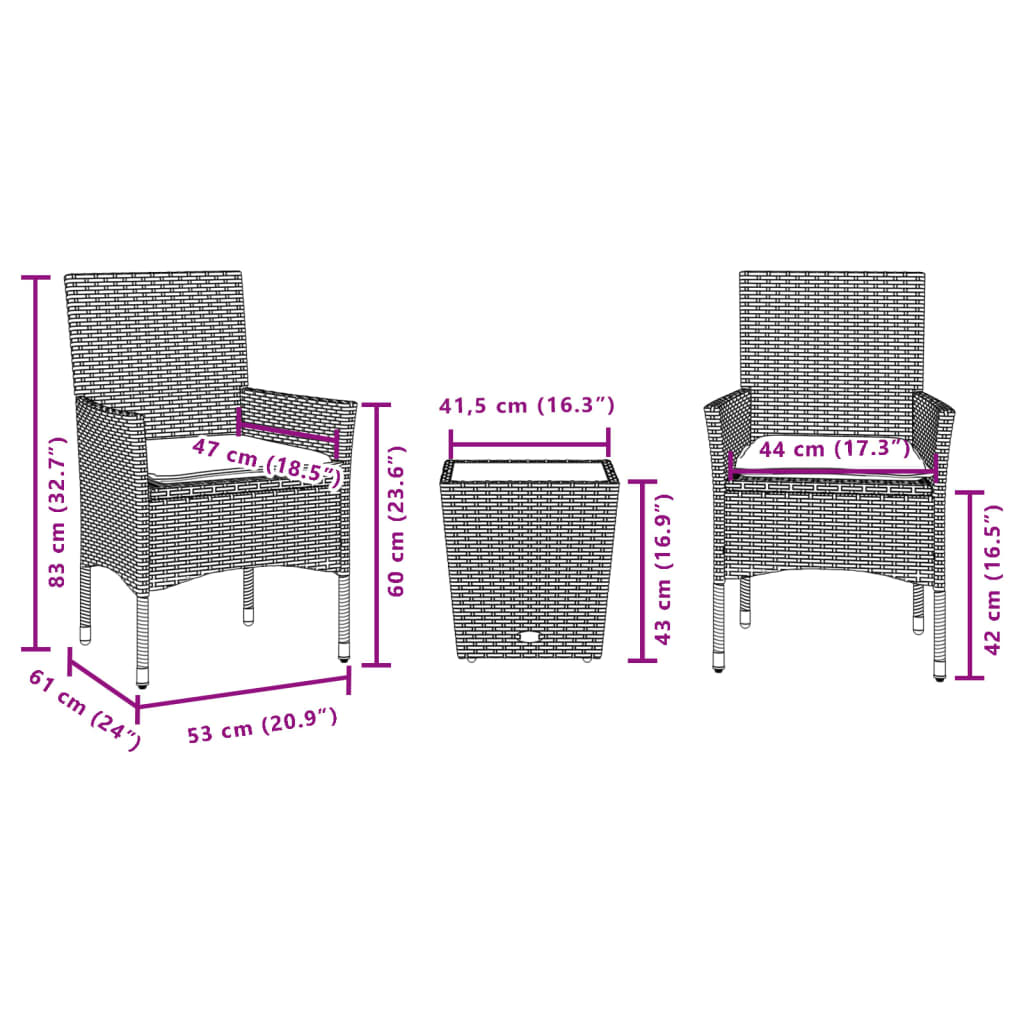 3-tlg. Bistro-Set mit Kissen Beige Poly Rattan und Glas