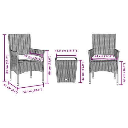 3-tlg. Bistro-Set mit Kissen Beige Poly Rattan und Glas