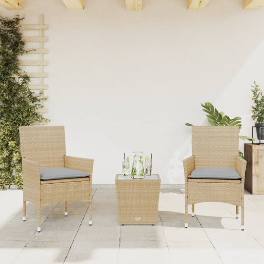 3-tlg. Bistro-Set mit Kissen Beige Poly Rattan und Glas