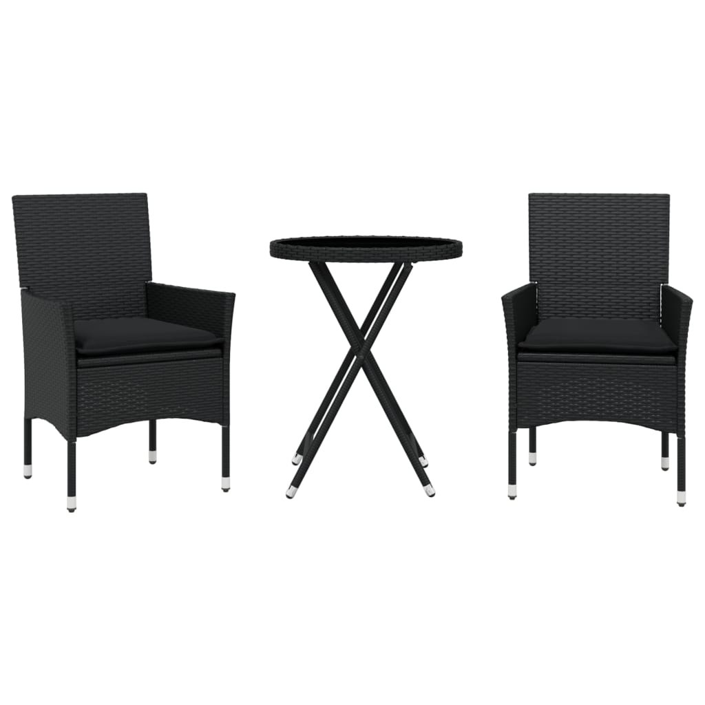 3-tlg. Bistro-Set mit Kissen Schwarz Poly Rattan und Glas