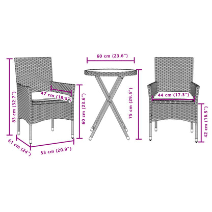 3-tlg. Bistro-Set mit Kissen Schwarz Poly Rattan und Glas