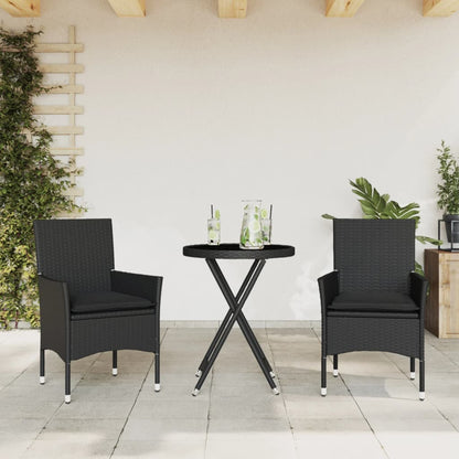 3-tlg. Bistro-Set mit Kissen Schwarz Poly Rattan und Glas