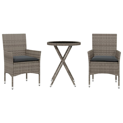 3-tlg. Bistro-Set mit Kissen Grau Poly Rattan und Glas