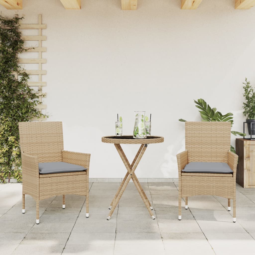 3-tlg. Bistro-Set mit Kissen Beige Poly Rattan und Glas