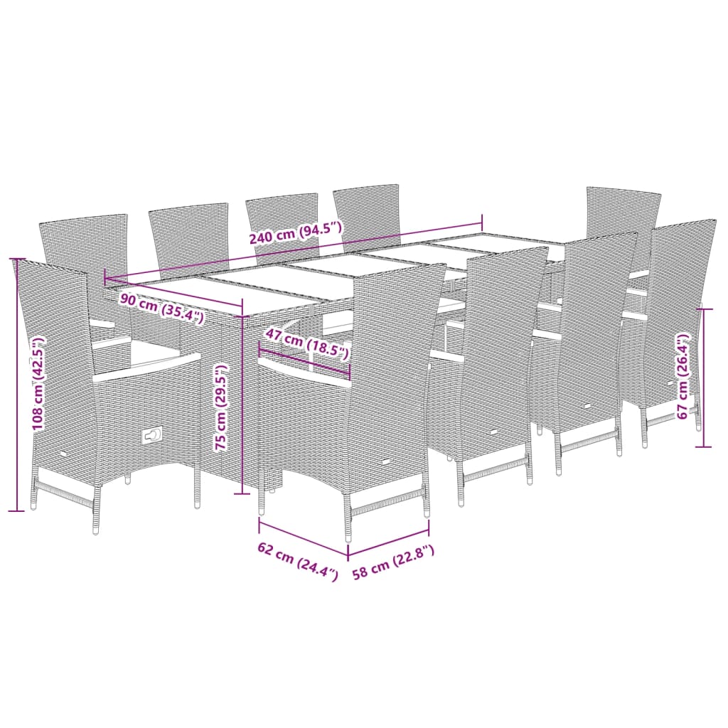 11-tlg. Garten-Essgruppe mit Kissen Grau Poly Rattan