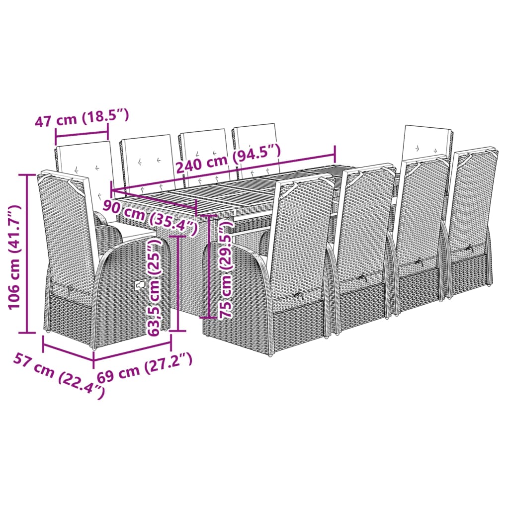 11-tlg. Garten-Essgruppe mit Kissen Grau Poly Rattan